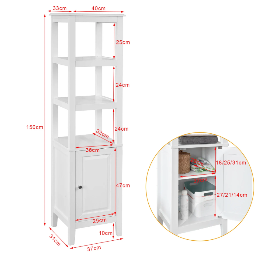 Hoge Badkamerkast met Deur en 3 Open Vakken – Smalle Opbergkast