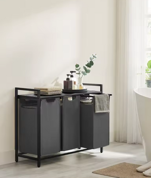 Wasmand met 3 Compartimenten en Opbergplank – Wasgoed Sorteerder met Frame