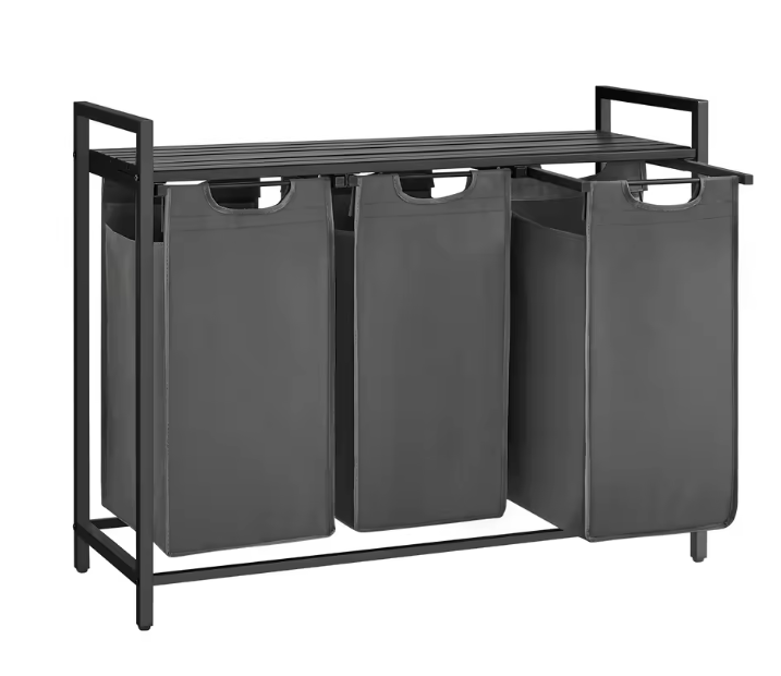 Wasmand met 3 Compartimenten en Opbergplank – Wasgoed Sorteerder met Frame