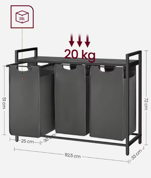 Wasmand met 3 Compartimenten en Opbergplank – Wasgoed Sorteerder met Frame