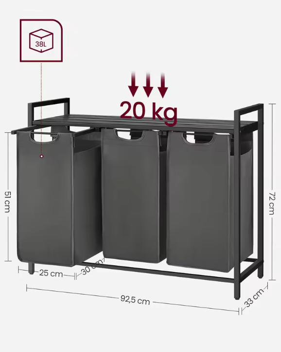 Wasmand met 3 Compartimenten en Opbergplank – Wasgoed Sorteerder met Frame