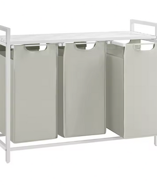 Wasmand met 3 Compartimenten en Opbergplank – Wasgoed Sorteerder met Frame