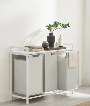 Wasmand met 3 Compartimenten en Opbergplank – Wasgoed Sorteerder met Frame