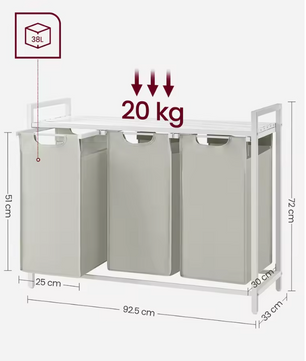 Wasmand met 3 Compartimenten en Opbergplank – Wasgoed Sorteerder met Frame