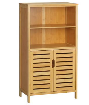 Bamboe Badkamerkast met Louvre Deuren en Open Vakken – Vrijstaande Opbergkast