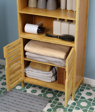 Bamboe Badkamerkast met Louvre Deuren en Open Vakken – Vrijstaande Opbergkast