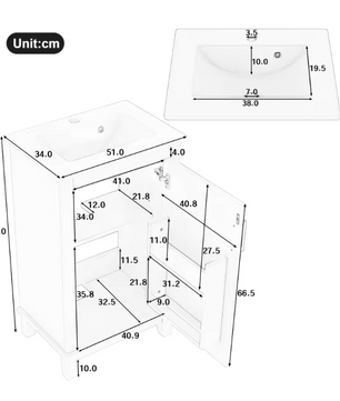 Vrijstaande Badkamerkast met Keramische Wastafel en Verstelbare Plank