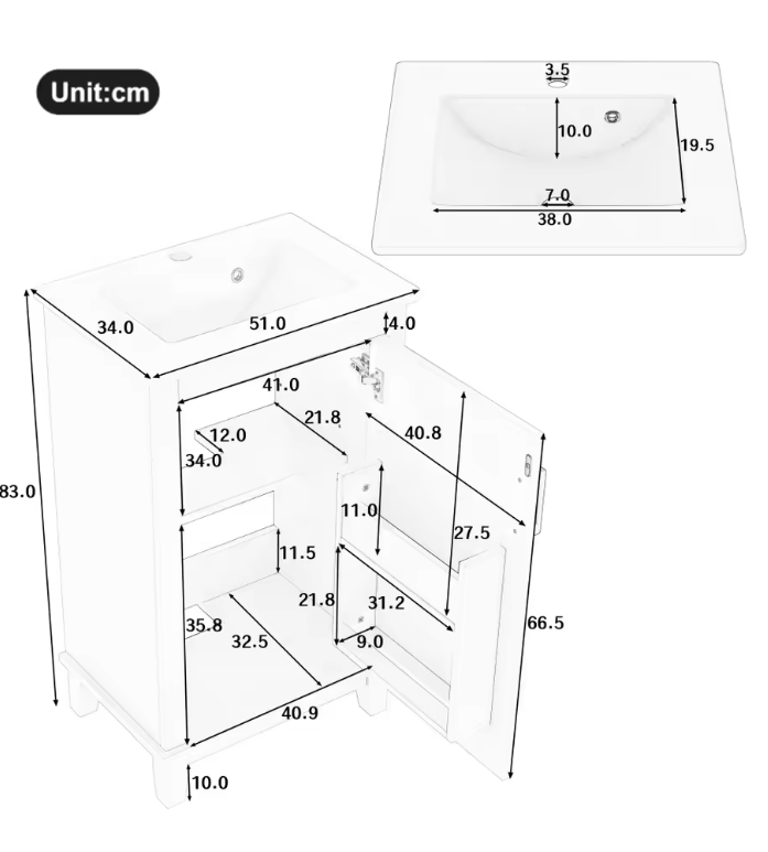 Vrijstaande Badkamerkast met Keramische Wastafel en Verstelbare Plank