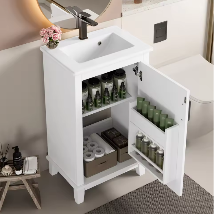 Vrijstaande Badkamerkast met Keramische Wastafel en Verstelbare Plank