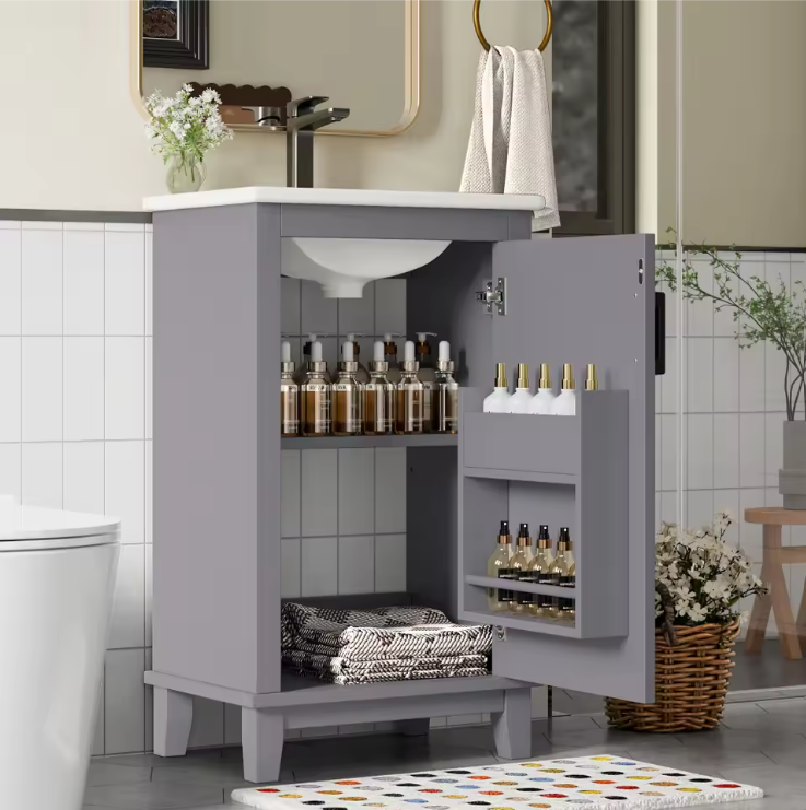 Vrijstaande Badkamerkast met Keramische Wastafel en Verstelbare Plank