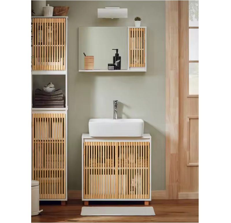 Wastafel Onderkast Badkamer met Bamboe Deuren – 60×60×33 cm