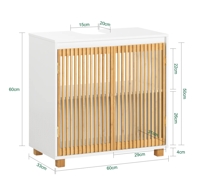 Wastafel Onderkast Badkamer met Bamboe Deuren – 60×60×33 cm