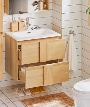 Wastafel Onderkast Badkamer met 2 Lades en Keramische Wastafel – 61×54×46 cm