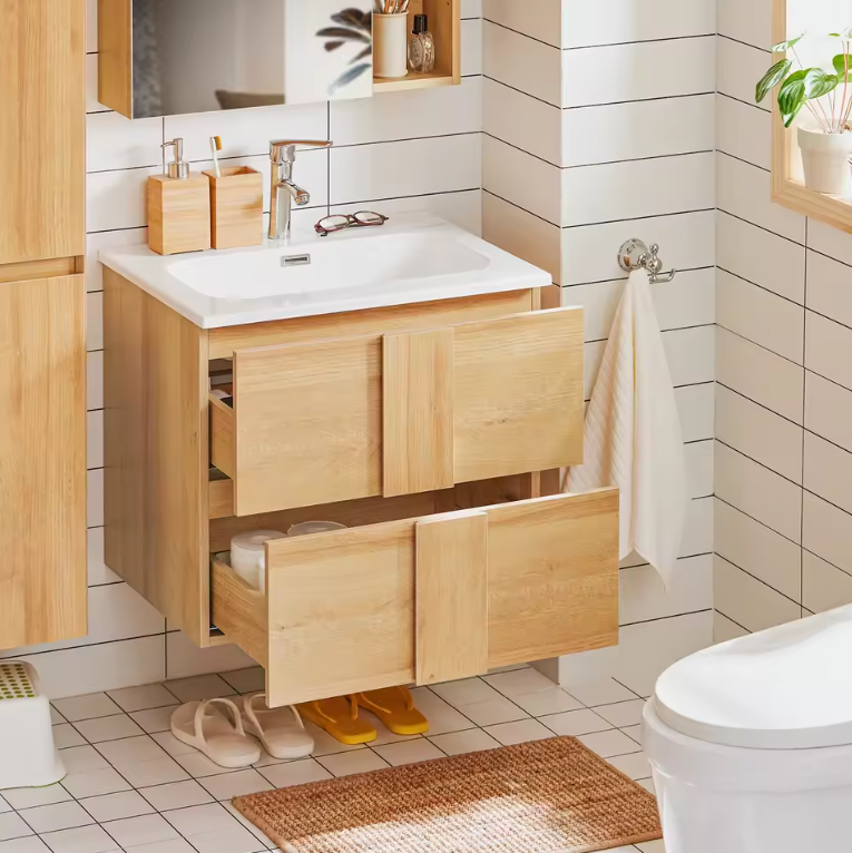 Wastafel Onderkast Badkamer met 2 Lades en Keramische Wastafel – 61×54×46 cm