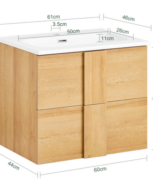 Wastafel Onderkast Badkamer met 2 Lades en Keramische Wastafel – 61×54×46 cm