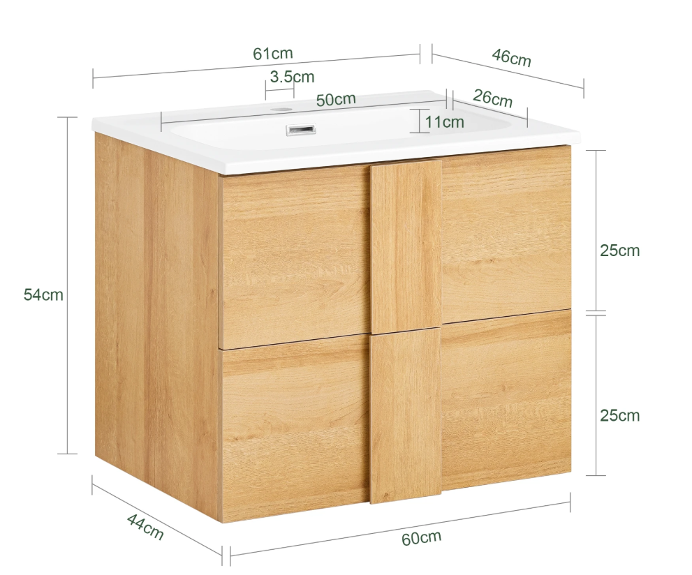 Wastafel Onderkast Badkamer met 2 Lades en Keramische Wastafel – 61×54×46 cm