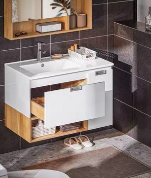 Wastafel Onderkast Badkamer met Lade, Deur en Keramische Wastafel – 80×54×46 cm