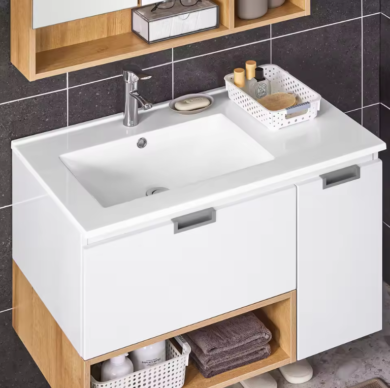 Wastafel Onderkast Badkamer met Lade, Deur en Keramische Wastafel – 80×54×46 cm