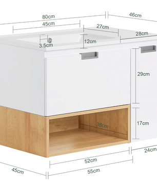 Wastafel Onderkast Badkamer met Lade, Deur en Keramische Wastafel – 80×54×46 cm
