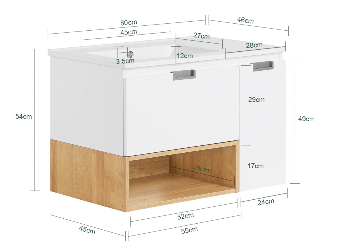Wastafel Onderkast Badkamer met Lade, Deur en Keramische Wastafel – 80×54×46 cm