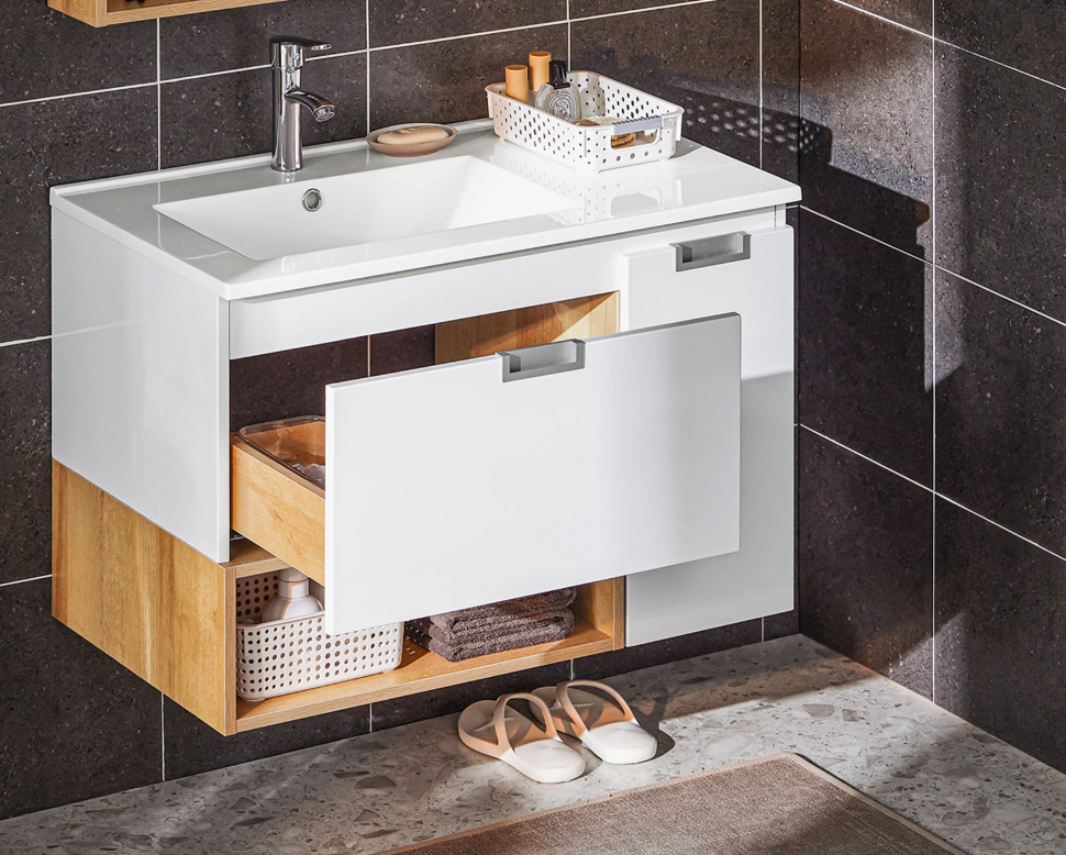 Wastafel Onderkast Badkamer met Lade, Deur en Keramische Wastafel – 80×54×46 cm