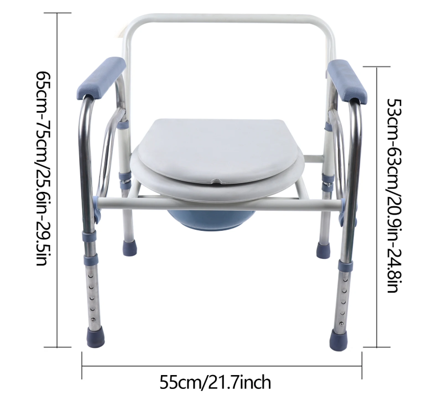 Opvouwbare en in hoogte verstelbare toiletstoel met armleuningen en emmer
