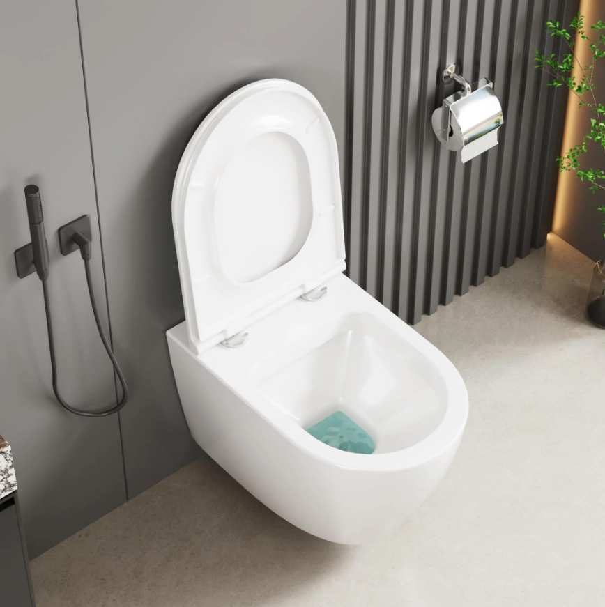 Randloos wandgemonteerd toilet met soft-close toiletdeksel en efficiënte spoeling