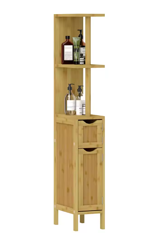 Badkamer Kolomkast met Deuren en Open Planken – Slank Opbergmeubel voor Badkamer en Woonruimte
