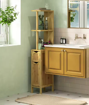 Badkamer Kolomkast met Deuren en Open Planken – Slank Opbergmeubel voor Badkamer en Woonruimte