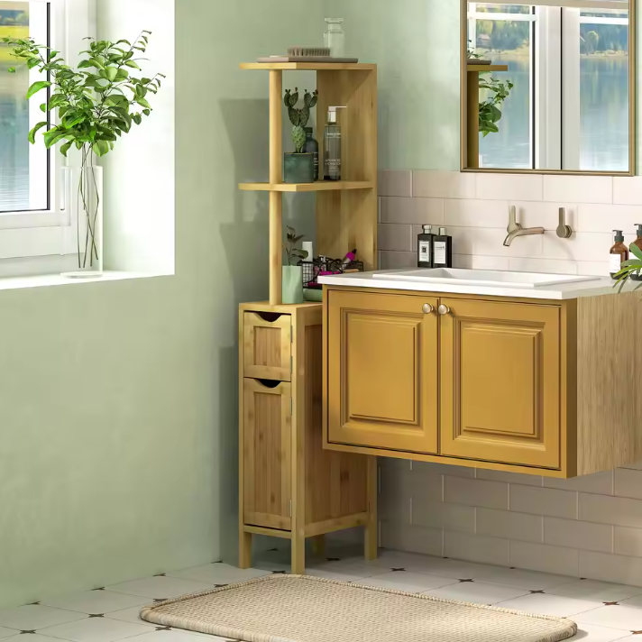 Badkamer Kolomkast met Deuren en Open Planken – Slank Opbergmeubel voor Badkamer en Woonruimte