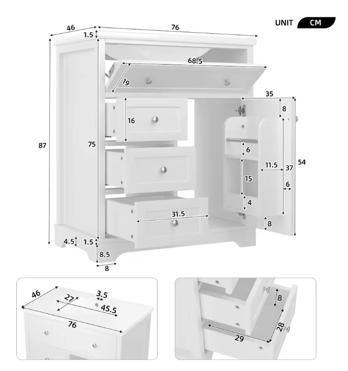 Badkamermeubel met Wastafel en Lades – Staande Badkamerkast 76×46×87 cm