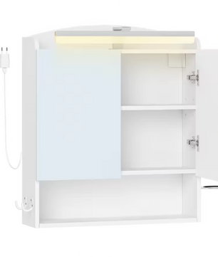 Wandgemonteerde BadkamerBadkamer Spiegelkast met Verlichting – Wandkast met LED, Opbergruimte, Föhnhouder en Haken, Praktisch en Modern Spiegelkast met Verlichting en Opbergruimte
