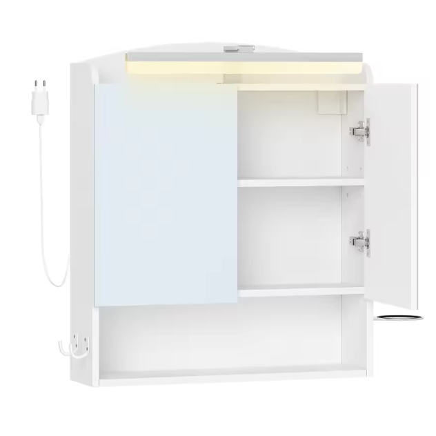 Wandgemonteerde BadkamerBadkamer Spiegelkast met Verlichting – Wandkast met LED, Opbergruimte, Föhnhouder en Haken, Praktisch en Modern Spiegelkast met Verlichting en Opbergruimte