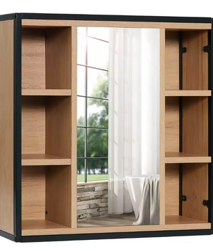 Badkamer Spiegelkast met Open Vakken – Wandkast met Spiegel en Verstelbare Legplanken