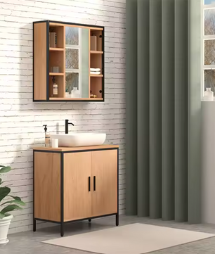 Badkamer Spiegelkast met Open Vakken – Wandkast met Spiegel en Verstelbare Legplanken