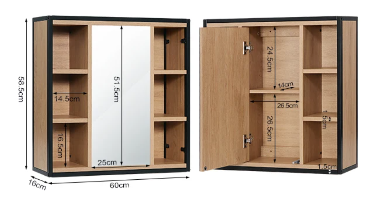 Badkamer Spiegelkast met Open Vakken – Wandkast met Spiegel en Verstelbare Legplanken