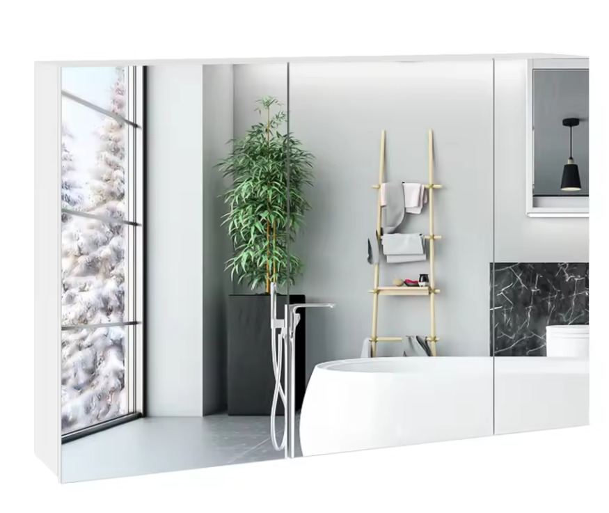 Badkamer Spiegelkast met 3 Spiegeldeuren – Grote Wandkast met Verstelbare Legplanken