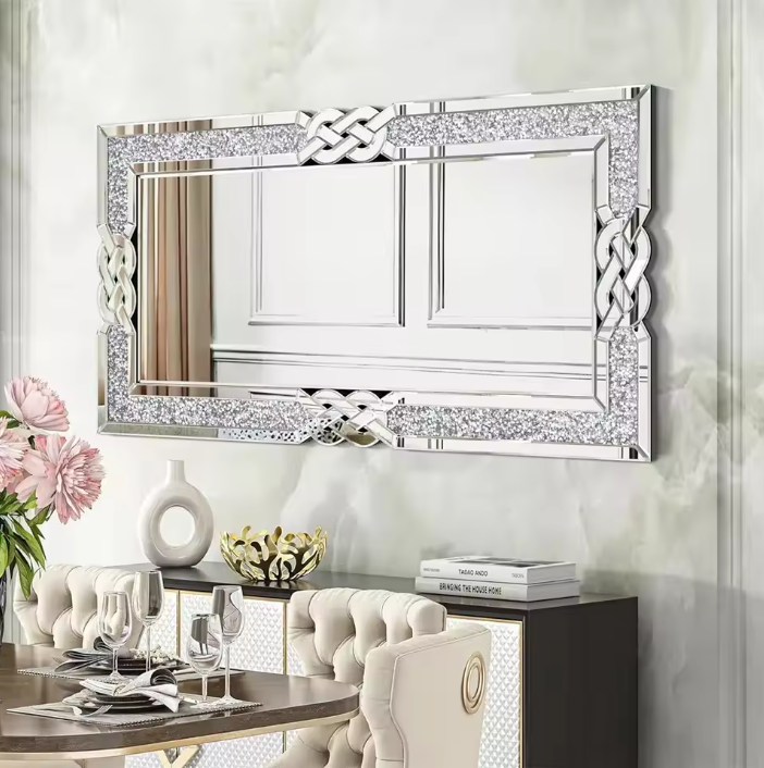 Rechthoekige Wandspiegel met Crystal Rand – Luxe Glam Spiegel voor Woonkamer en Hal
