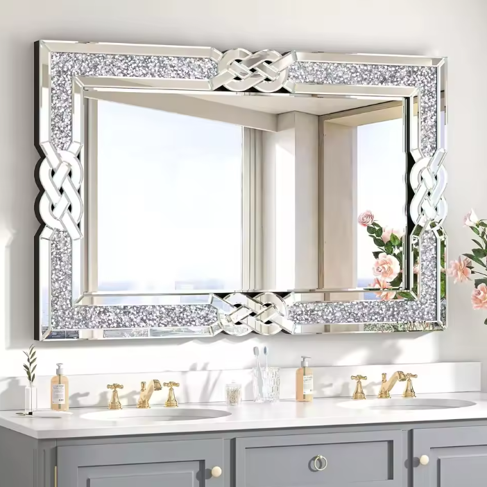 Rechthoekige Wandspiegel met Crystal Rand – Luxe Glam Spiegel voor Woonkamer en Hal
