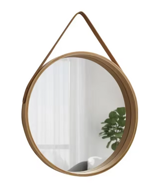 Ronde Wandspiegel met Houten Rand – Make-up Spiegel met Leren Ophanglus
