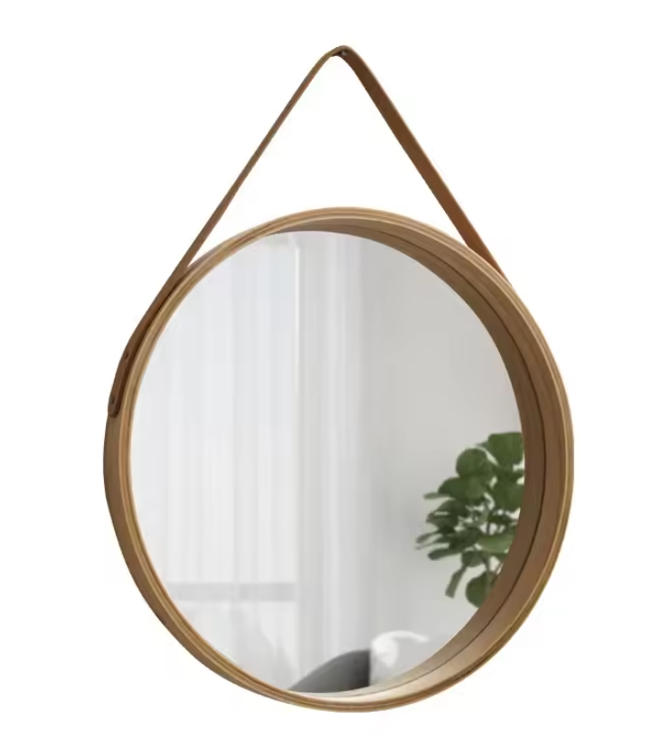 Ronde Wandspiegel met Houten Rand – Make-up Spiegel met Leren Ophanglus