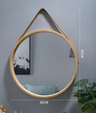 Ronde Wandspiegel met Houten Rand – Make-up Spiegel met Leren Ophanglus