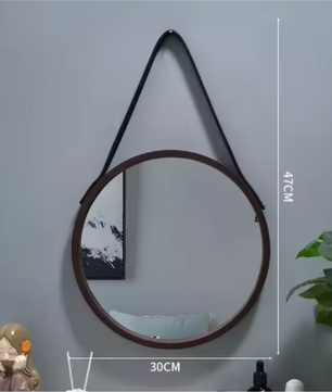 Ronde Wandspiegel met Houten Rand – Make-up Spiegel met Leren Ophanglus