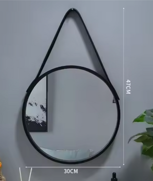 Ronde Wandspiegel met Houten Rand – Make-up Spiegel met Leren Ophanglus