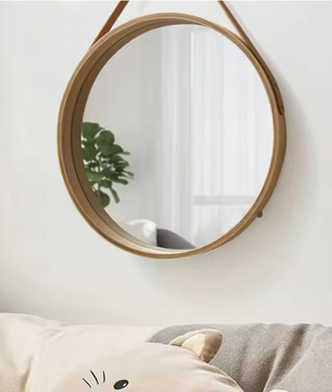 Ronde Wandspiegel met Houten Rand – Make-up Spiegel met Leren Ophanglus