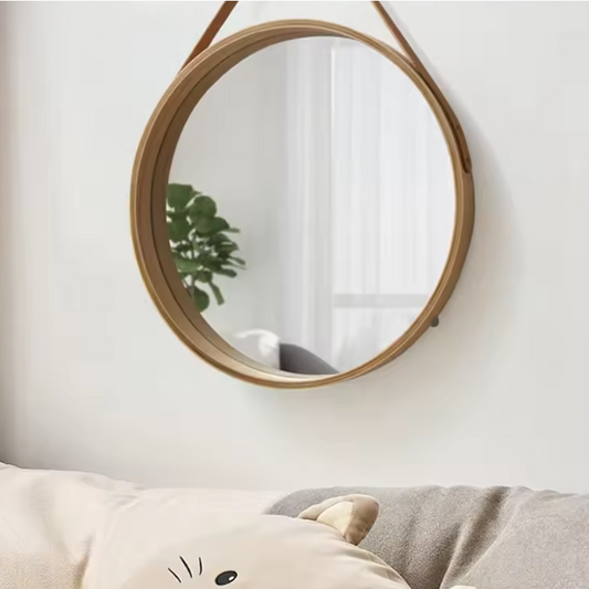 Ronde Wandspiegel met Houten Rand – Make-up Spiegel met Leren Ophanglus