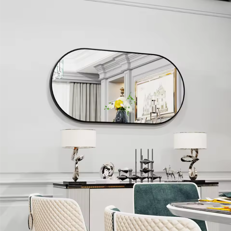 Ovale Wandspiegel met Zwart Metalen Frame – Moderne Spiegel voor Badkamer en Interieur