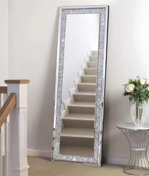 Grote Rechthoekige Wandspiegel met Crushed Crystal Rand – Luxe Full-Length Spiegel