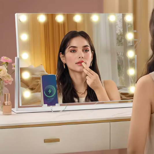 Make-upspiegel met LED-Verlichting, Dimbaar, Aanraakbediening en USB-Poorten