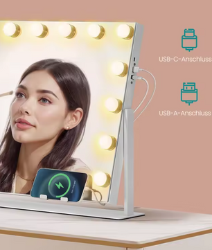 Make-upspiegel met LED-Verlichting, Dimbaar, Aanraakbediening en USB-Poorten